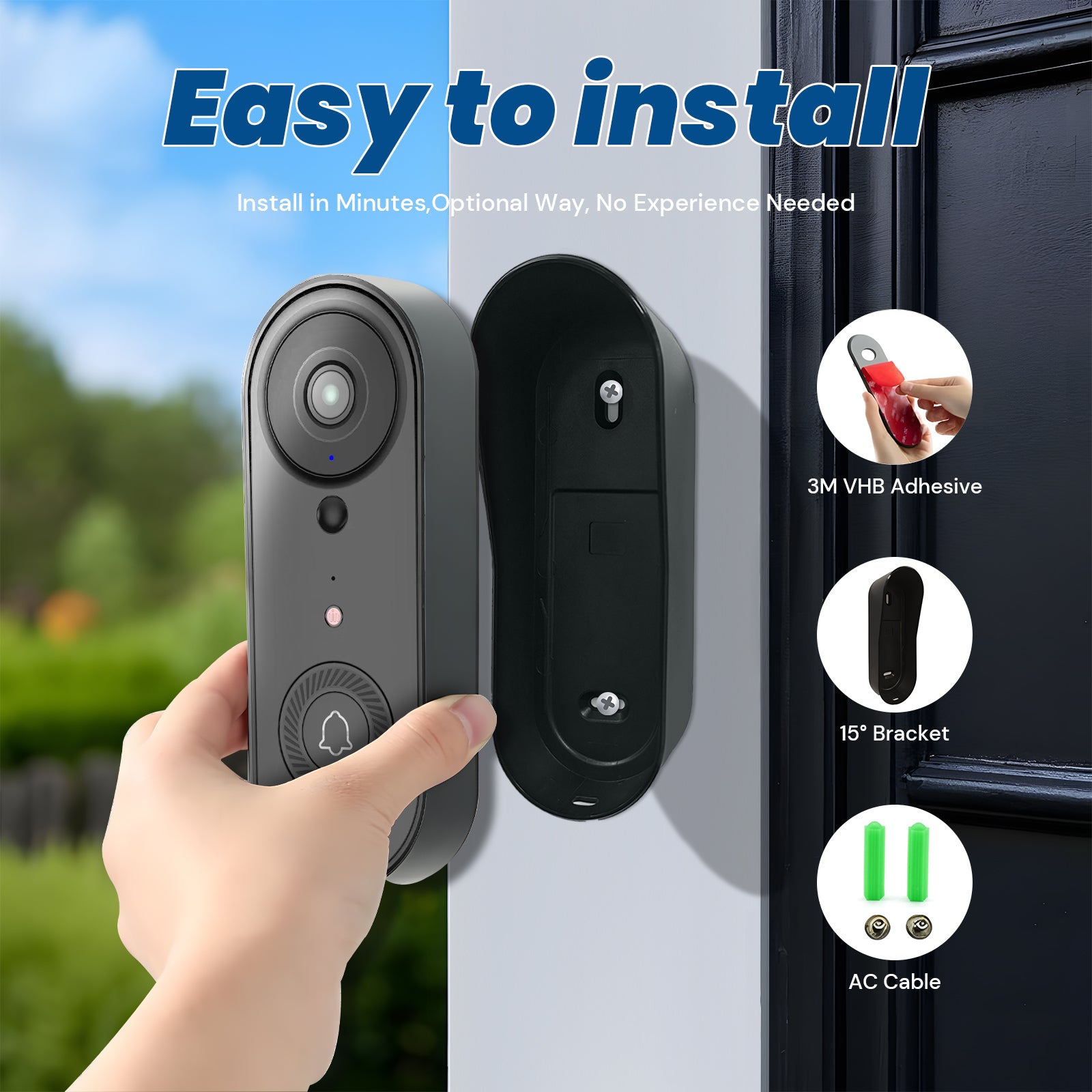 Wireless Video Doorbell Camera, 2-Way Audio Included Ring Chime, AI Human Detection, Live View, 2.4G Wi-Fi, Night Vision, Cloud Storage, Indoor/Outdoor Surveillance Cam